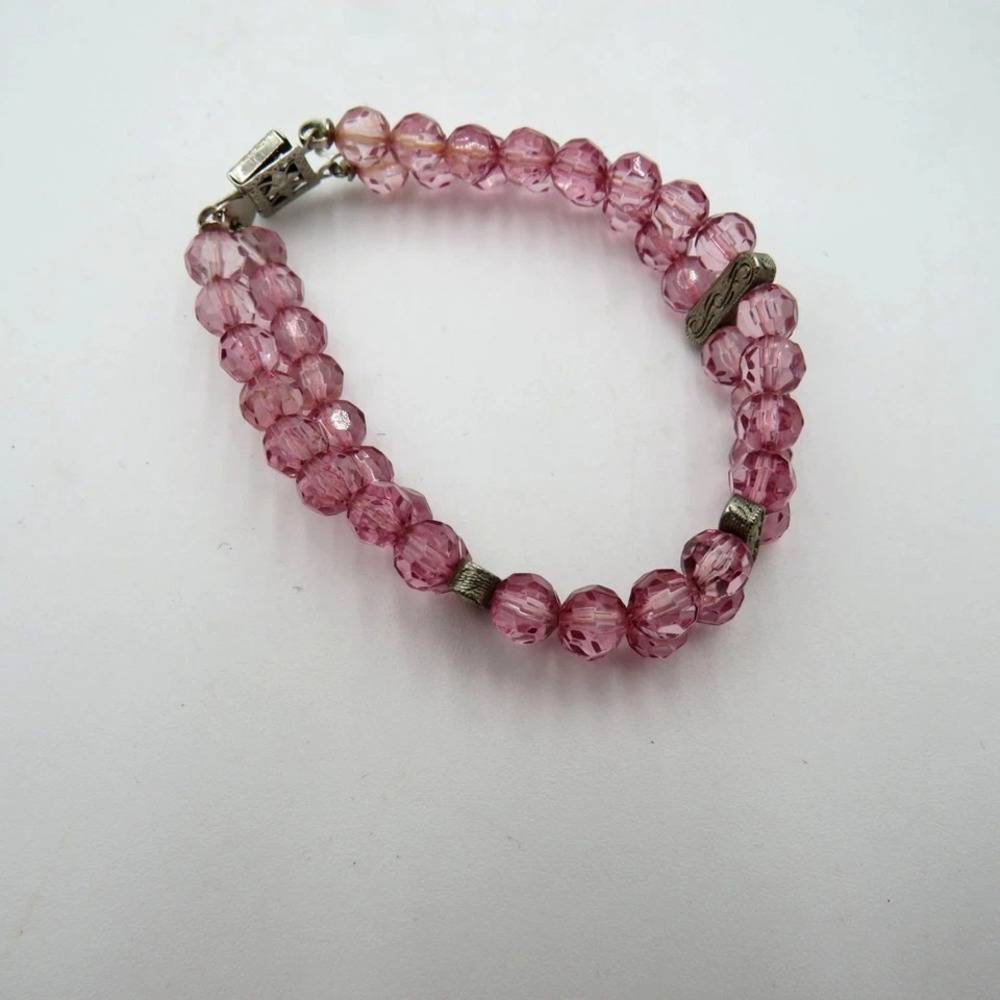 Pink Faceted Lucite Bead Double Strand Bracelet Box Clasp Fashion Jewelry - Picture 4 of 10